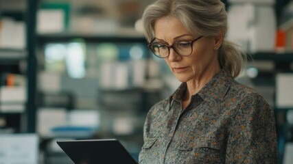 Grey-haired businesswoman in glasses looking at her tablet with concern or focus, wearing a patterned blouse and standing near shelves of office supplies.