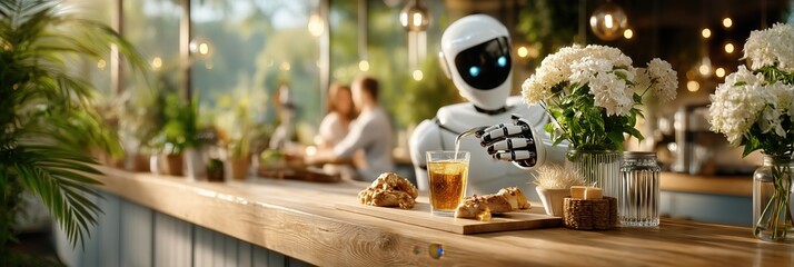 Humanoid robot bartender serving juice in a modern cafe