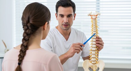 Male Chiropractor Explaining Spinal Anatomy to Female Patient Using Anatomical Model