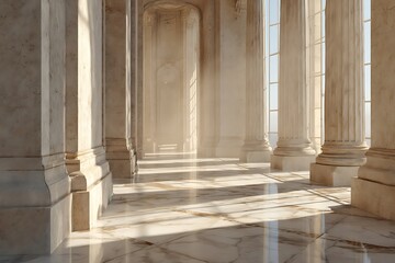 Obraz premium Light-filled colonnaded hall with marble floor.