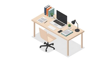 Minimalist desk with laptop, books, and lamp isolated on white background