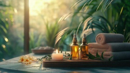 An image depicting a serene and luxurious spa setup in nature, complete with various spa treatment items such as oils, candles, towels, and other wellness products.