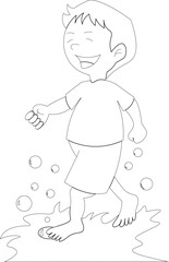 children boy walk on the water with closed eyes and barefoot outline