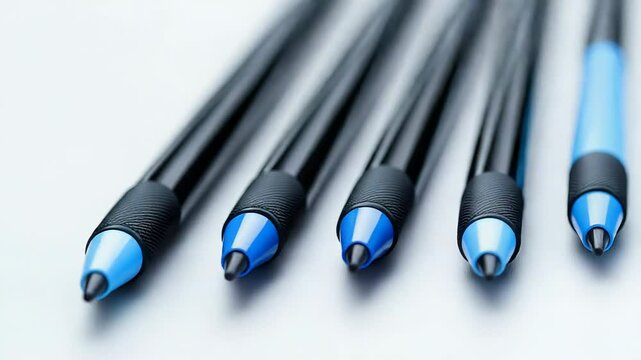 Row of drafting pencils with blue and black body resting on white surface