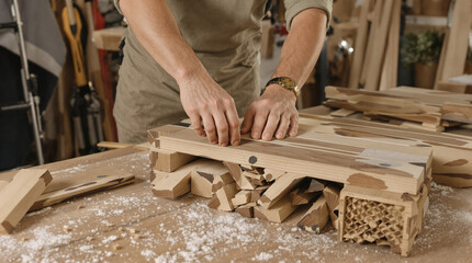 Woodworker carefully arranging pieces of wood on a workbench.