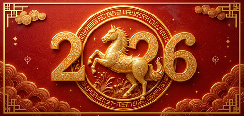 Golden horse in 2026 year design with chinese traditional elements