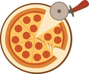 A flat vector illustration of a classic pepperoni pizza with a slice being cut by a pizza wheel. The design is clean and minimal, ideal for food blogs, restaurant menus,  or culinary content.