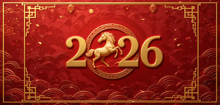 Golden horse in 2026 year design with chinese traditional decorations