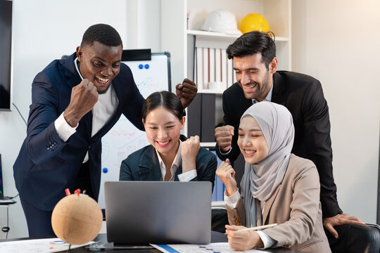 team of multiethnic colleagues excited celebration output performance discuss budget, sharing idea, business people man woman diverse employee coworker in formal suit meeting in financial office