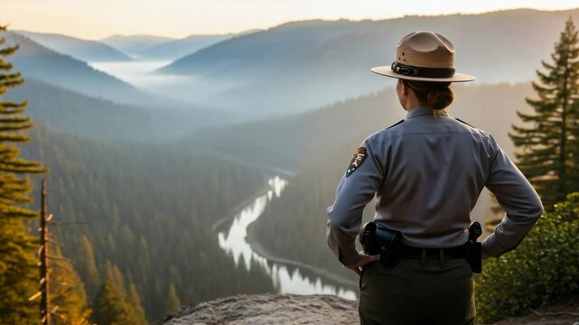 A female park ranger stands on a cliff, looking out over a misty mountain valley with a winding river at sunrise.