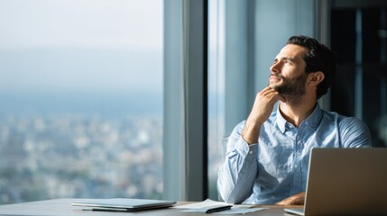 Indian latin successful thoughtful businessman leader thinking of future corporate successful plan ideas sitting at office desk looking at panoramic view window of building of modern corporation., no