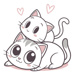 Adorable Cartoon Cats Cuddling in Kawaii Style with Heart Illustrations