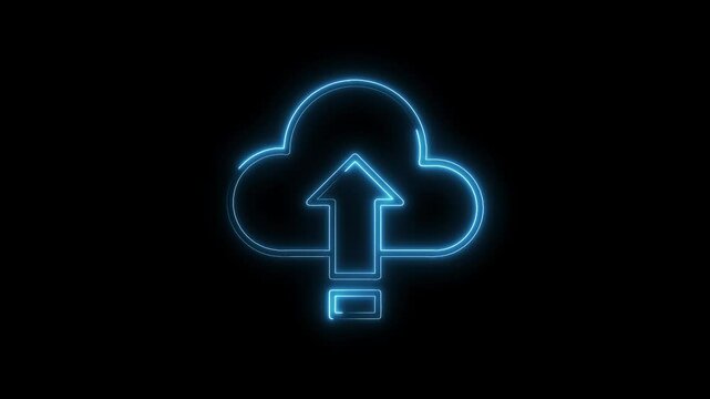 Glowing neon cloud upload icon animation on black background conceptual digital data transfer