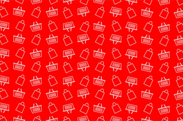 Seamless pattern of shopping bags and shopping baskets. Shopping bag icon sketch. Shopping basket icon sketch. E-commerce expense icons.