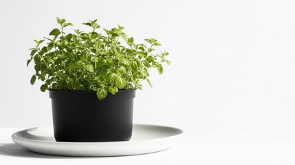 Fresh herbs in a dark pot on a light plate