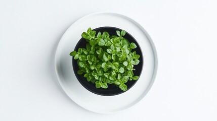 Fresh herbs in a pot, overhead view
