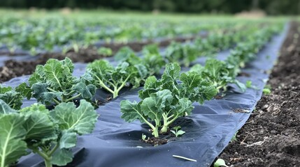 Rows of kale seedlings on dark fabric mulch