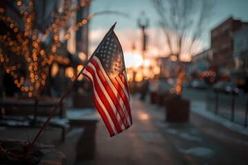 American Flag at Sunset with Festive Lights in City Street Scene