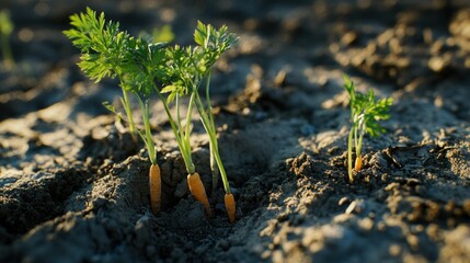 Fresh carrot seedlings emerging from the earth