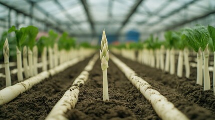 Asparagus sprouts in a greenhouse