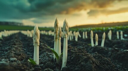 Asparagus shoots emerging from dark soil, a vibrant sunset sky