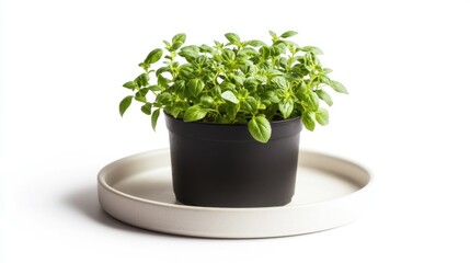 Fresh basil plant in a black pot on a light-gray tray