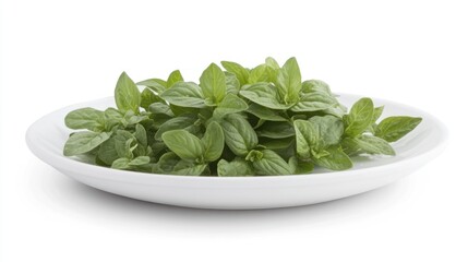 Fresh basil leaves on a white plate