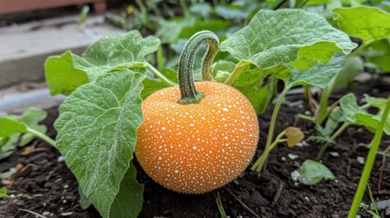 Small, speckled pumpkin in garden