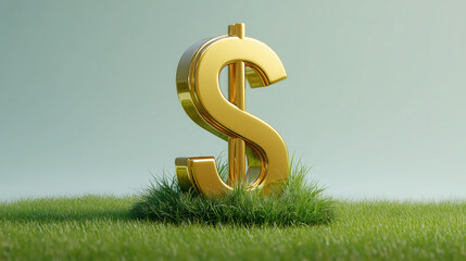 Golden dollar sign sculpture stands prominently in lush green grass, symbolizing wealth and prosperity, with a soft gradient background enhancing the visual appeal and concept of finance