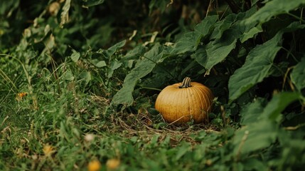 A single pumpkin nestled in autumnal foliage