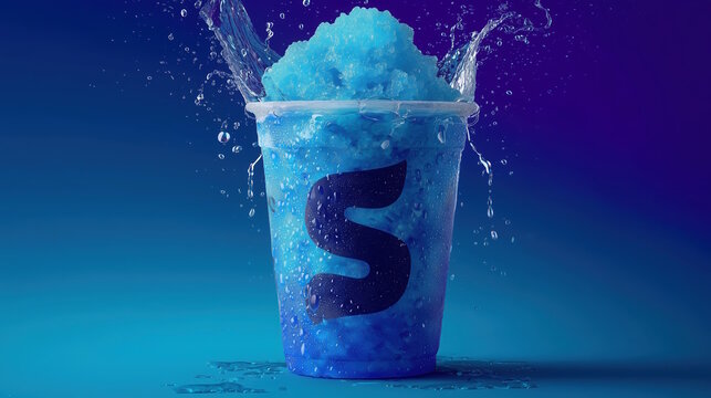 Slurpees. Vibrant blue slush drink in a clear cup splashes water droplets against a colorful background, showcasing refreshing summer beverage with ice texture and appealing design