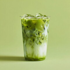 a transparent plastic cup filled with iced matcha latte

