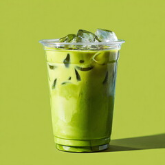 a transparent plastic cup filled with iced matcha latte
