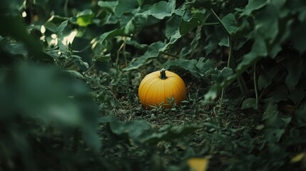 Orange pumpkin amidst green foliage