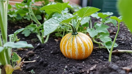 Small striped pumpkin in a garden bed