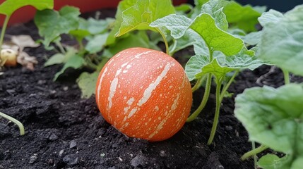 Close-up of a decorative orange pumpkin growing in dark soil