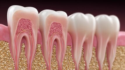 Detailed illustration of human teeth anatomy, showcasing enamel, dentin, pulp, and gums, highlighting the structure and health of dental components in a vibrant visual representation