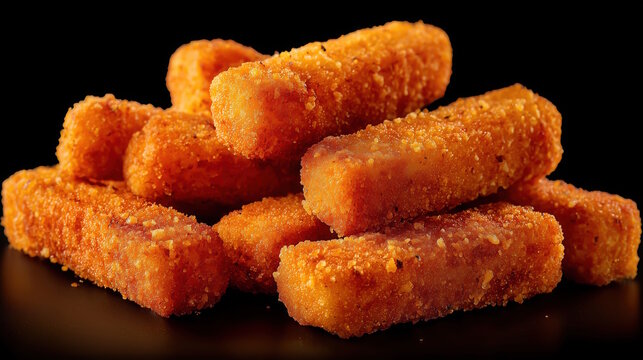 Golden-brown crispy cheese sticks stacked on a dark background, showcasing their crunchy texture and appetizing appearance, ideal for snack lovers and food enthusiasts