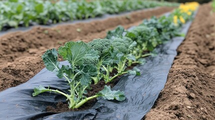 Broccoli and kale seedlings in a field