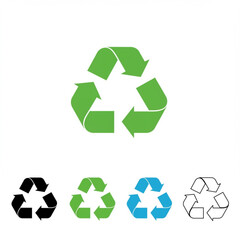 Collection of recycle symbols in green black blue and outline on white background