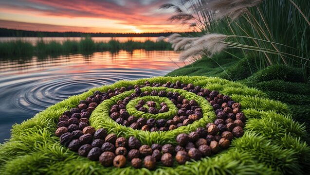 Green moss spiral with seeds by lake at colorful sunset