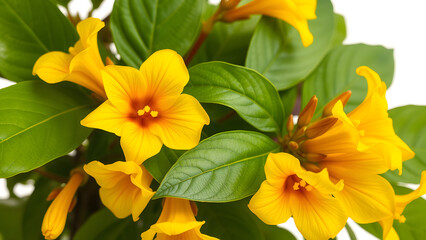 Fototapeta premium Vibrant Yellow Flowers with Lush Green Leaves: Close-up Studio Shot, Bright and Cheerful Mood.