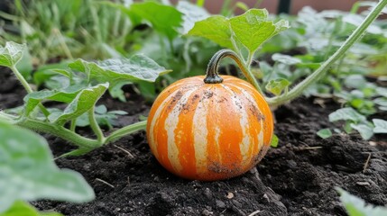 Small orange and white striped pumpkin in garden bed