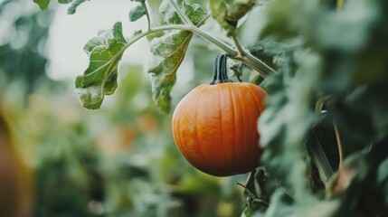 Close-up of an orange pumpkin on a vine