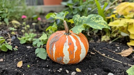 Small orange and white striped pumpkin in a garden bed
