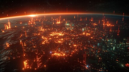 Obraz premium A futuristic city glows intensely on a fiery Earth