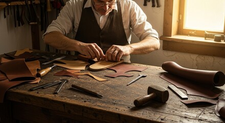 Artisan crafting handmade leather shoes using traditional shoemaking tools on his workbench, showing his dedicated shoemaking expertise.