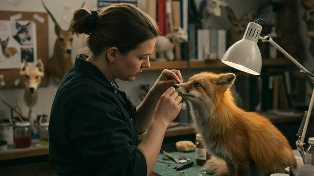 Focused female artist working on a taxidermy red fox. A skilled craftswoman in her workshop creating a lifelike animal mount.