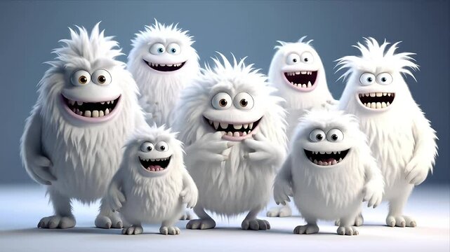 Group of fluffy, white, cartoon yeti creatures smiling and facing forward