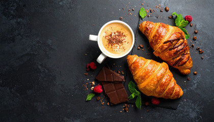 Indulgent chocolate-drizzled croissant and a cappuccino on a dark slate background, a decadent breakfast flat lay.
